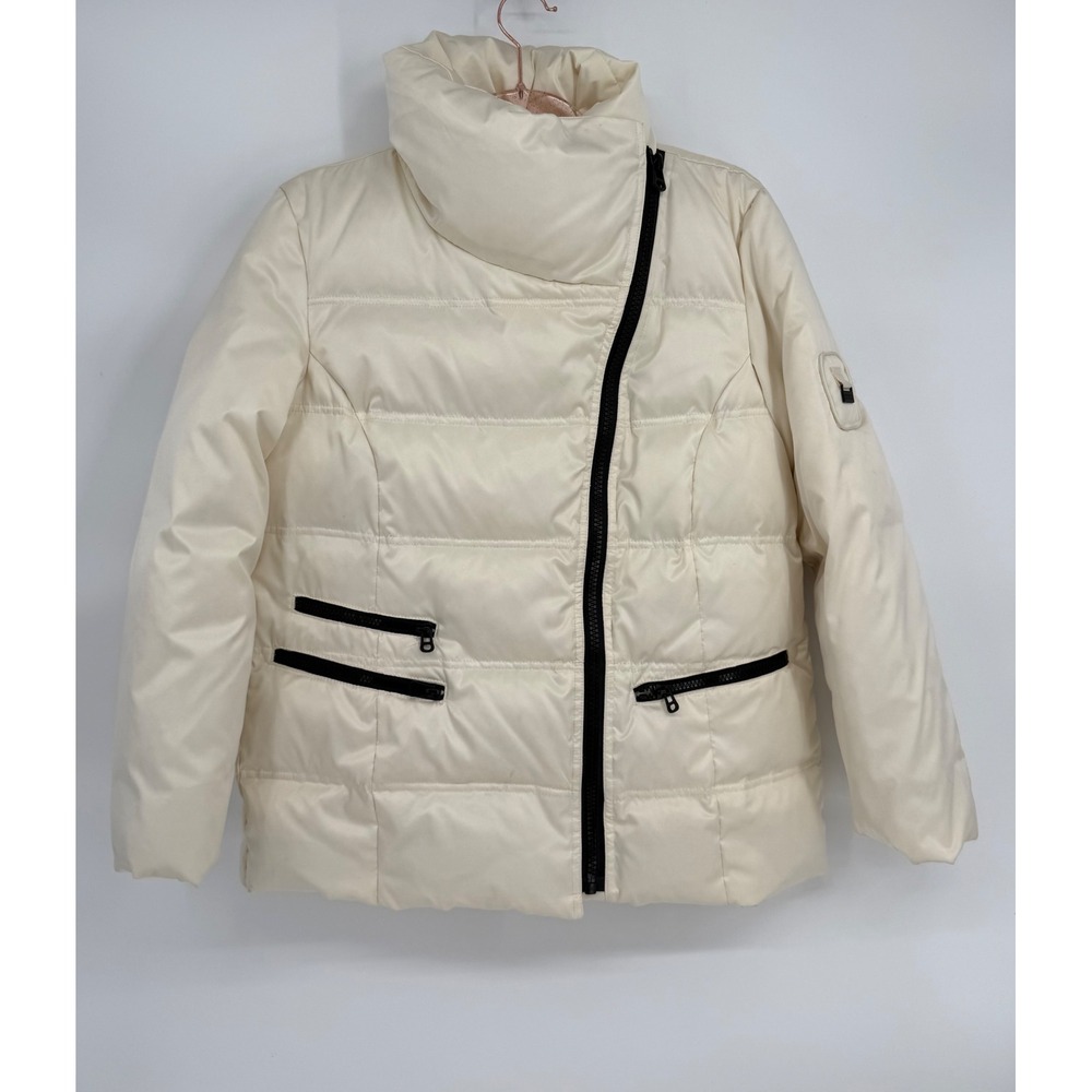 Marc New York Womens Cream Asymmetrical Zip Puffer Jacket Off-White Sz L